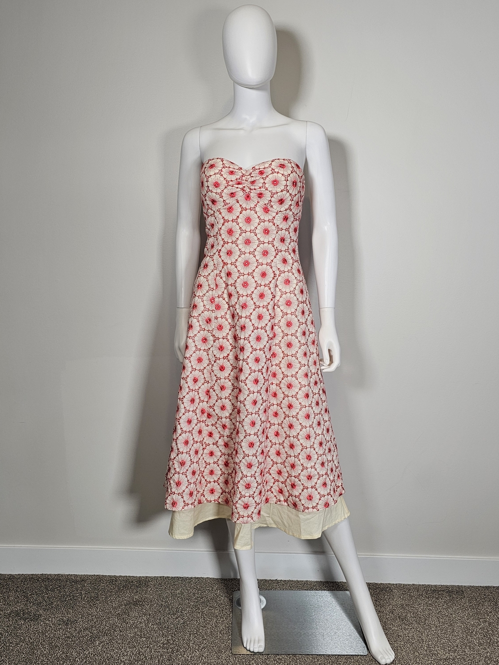 Cake Strapless Pink-Red Floral Midi Dress With Cream Hem Sz S